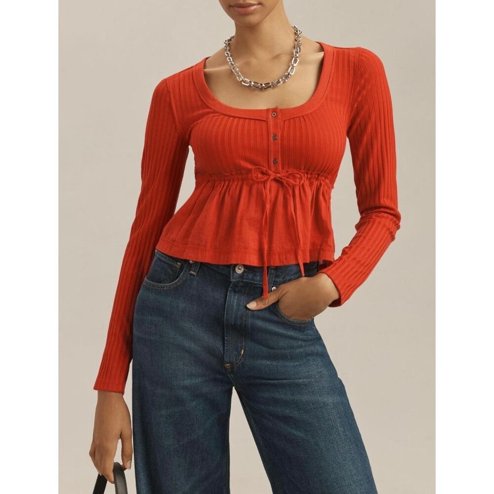 Pilcro Anthropologie Long Sleeve Scoopneck Red Babydoll To Size M NWOT
